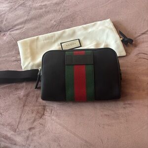 Gucci Black Belt Bag with Red and Green Web Stripe